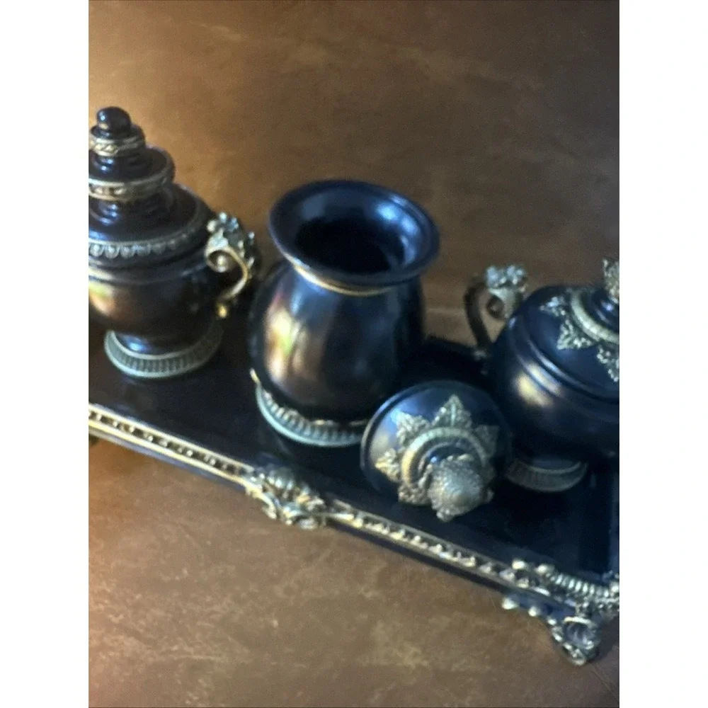Hollywood Regency Resin Inkwell & Urn Vanity Tray 4pc Set Black Gold Decor